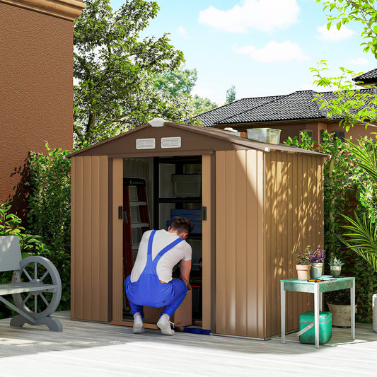 7' x 4' x 6' Garden Storage Shed Outdoor Patio Metal Tool Storage House w/ Foundation Kit and Double Doors Yellow