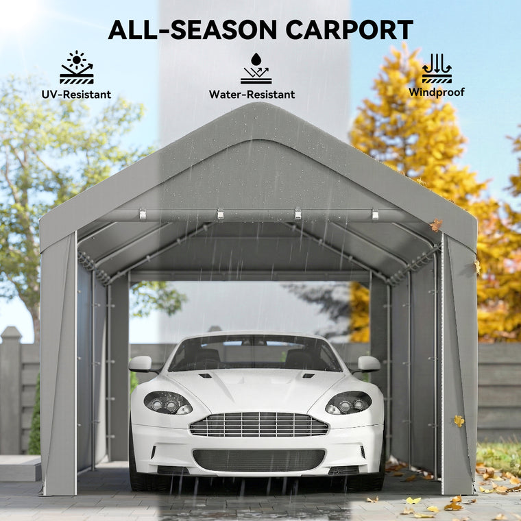 10' x 20' Light Grey Portable Garage Carport with Roll-Up Doors