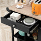 Modern Rolling Kitchen Island Cart with Drawer, Natural Wood Top, Towel Rack, Door Storage Cabinet, Black
