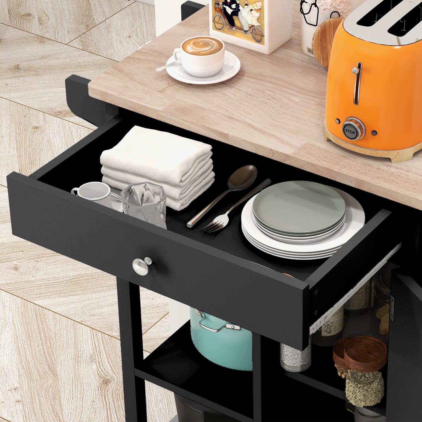 Modern Rolling Kitchen Island Cart with Drawer, Natural Wood Top, Towel Rack, Door Storage Cabinet, Black