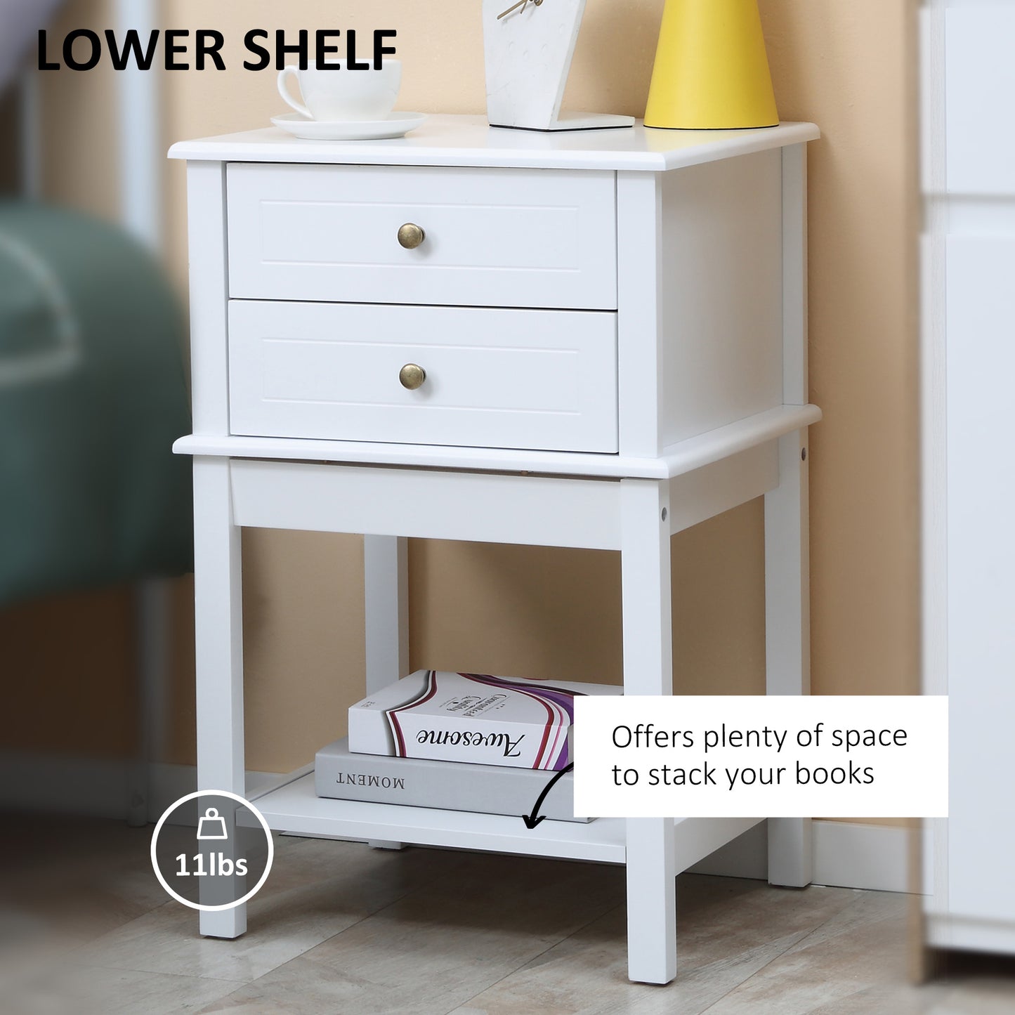 Modern Sofa Side Table, Accent End Table with Drawers and Storage Shelf, Nightstand for Bedroom Living Room, White