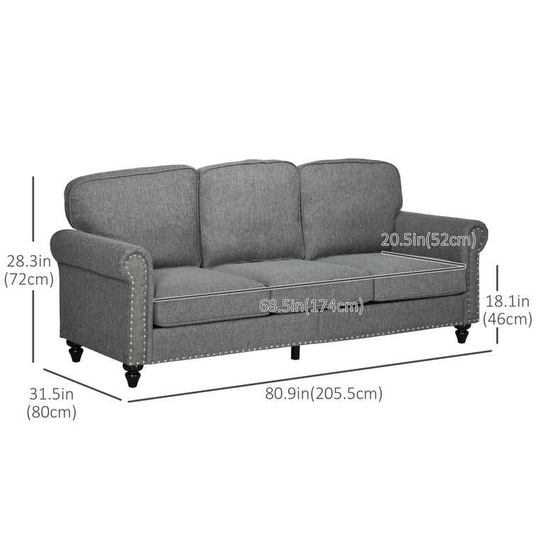 81" 3-Seater Linen Sofa with Nailhead Trim - Grey