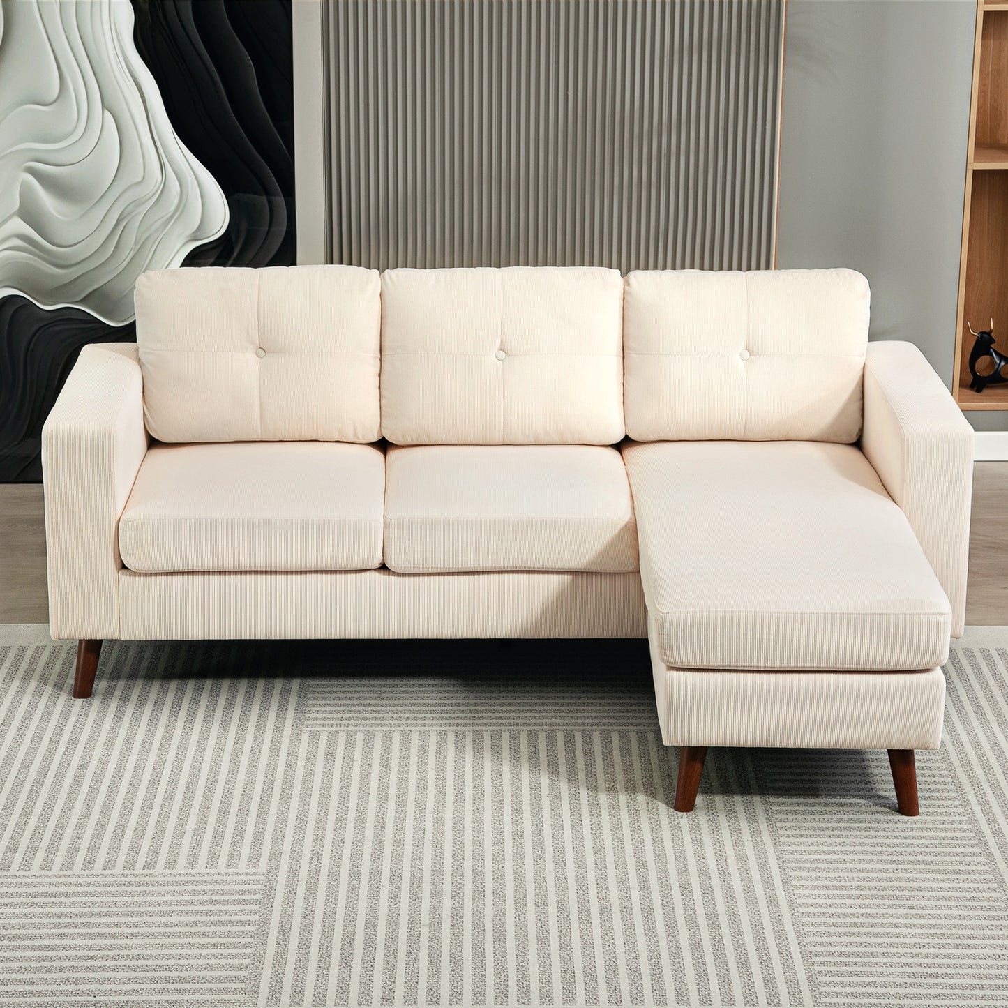 Sectional Sofa with Changeable Chaise Lounge, 3 Seat L-Shaped Sofa, Upholstered Couch for Small Space, Cream White