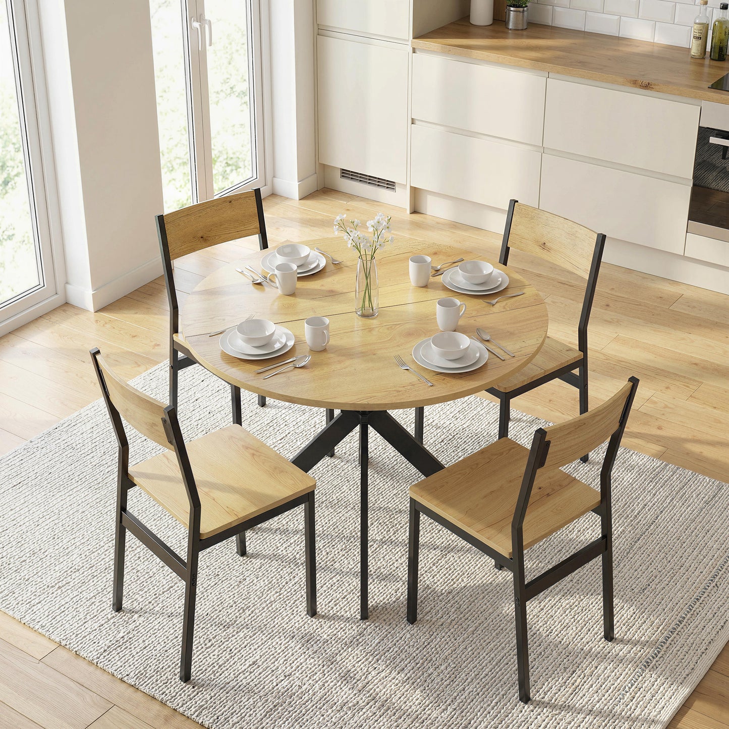 39" Dining Table, Contemporary Round Kitchen Table with Steel Legs, Brown Wood Grain