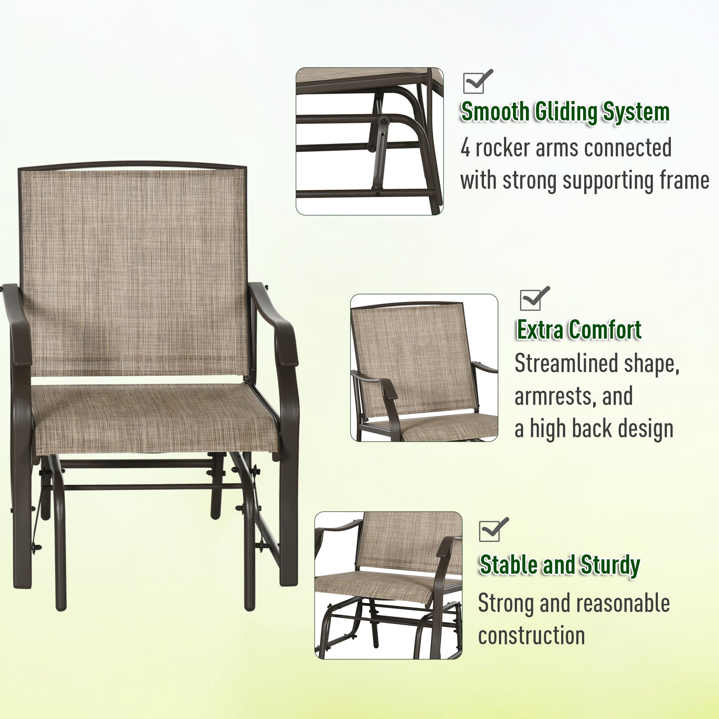 3 Piece Patio Glider Set Outdoor Gliders with Breathable Mesh Seat, Glass Top Table for Garden, Yard, Blue