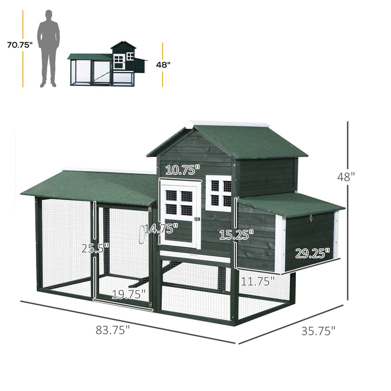 84" Green Wooden Chicken Coop with Nesting Box & Run
