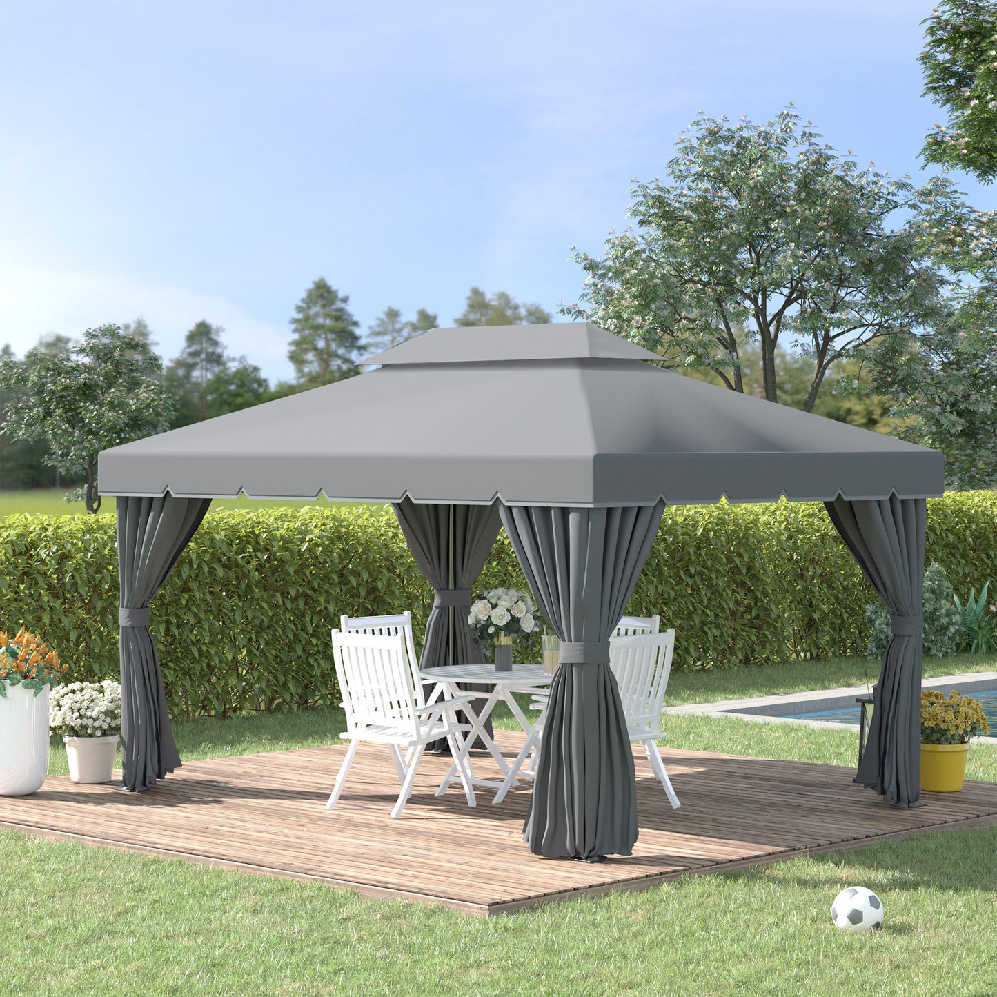 13' x 10' Patio Gazebo, Double Roof Outdoor Gazebo Canopy Shelter with Netting & Curtains, Strong Aluminum Frame, Dark Grey