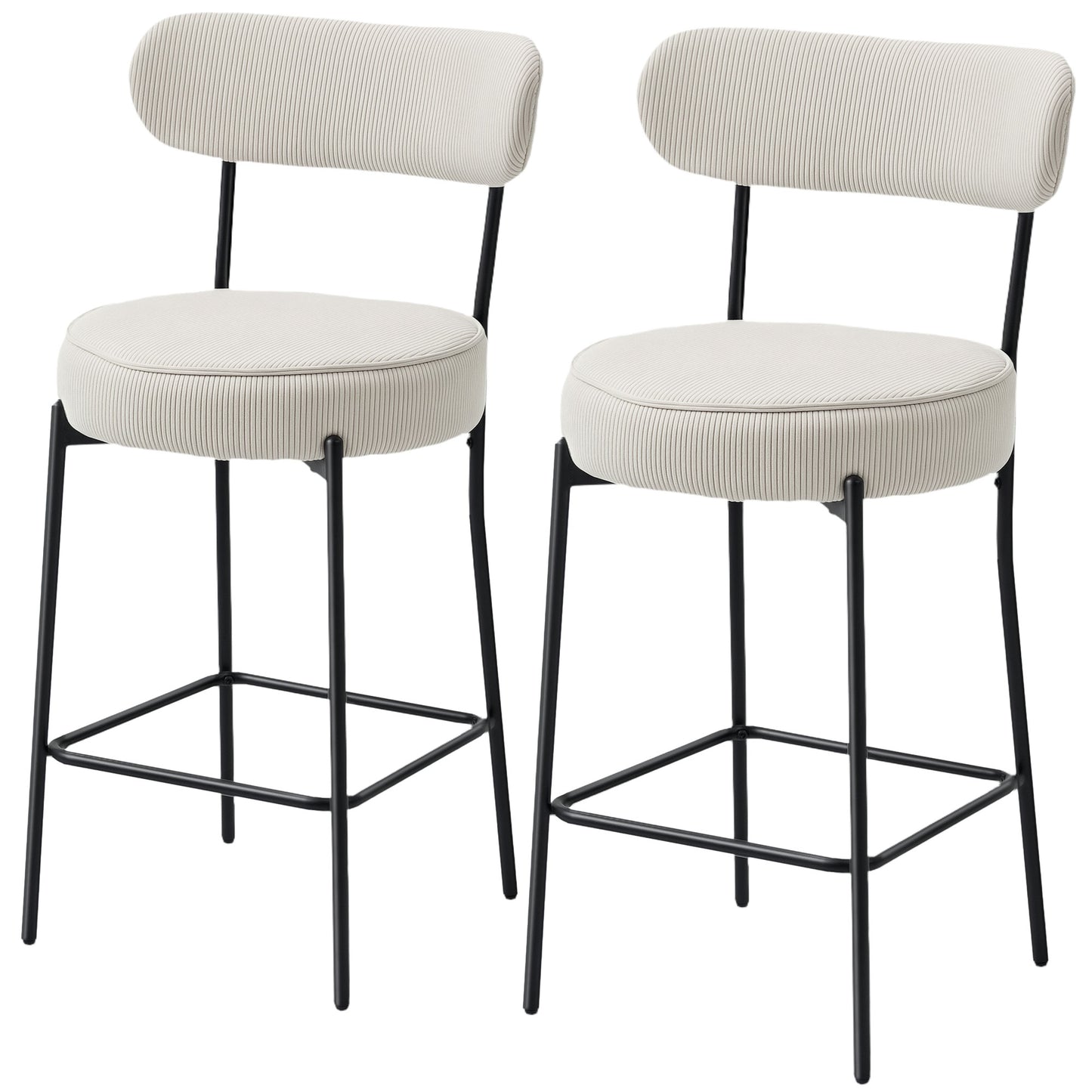 Set of 2 Barstools, Upholstered Corduroy Bar Stools with Backrest, Footrest for Kitchen Island, Dining Room, Cream White