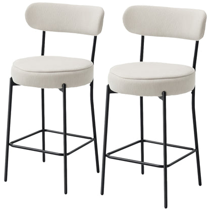 Set of 2 Corduroy Bar Stools with Backrest - Cream White