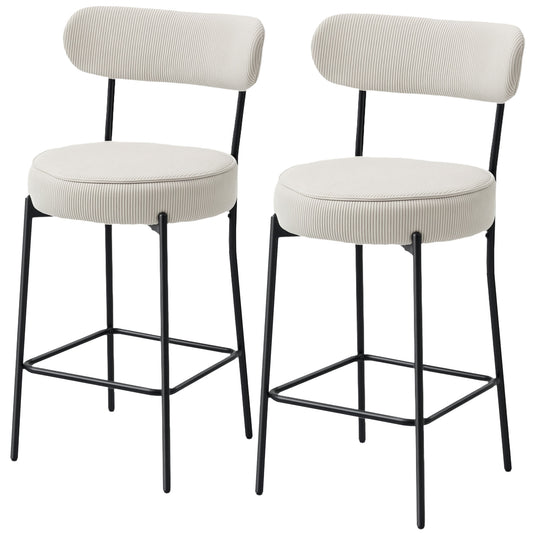 Set of 2 Corduroy Bar Stools with Backrest - Cream White