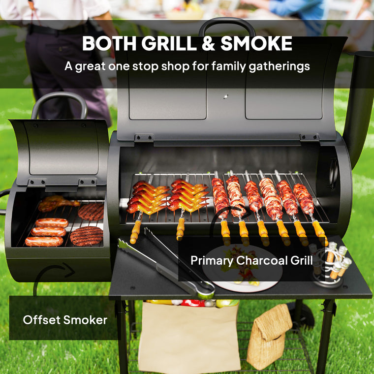 Black Charcoal BBQ Grill with Offset Smoker & 2 Shelves