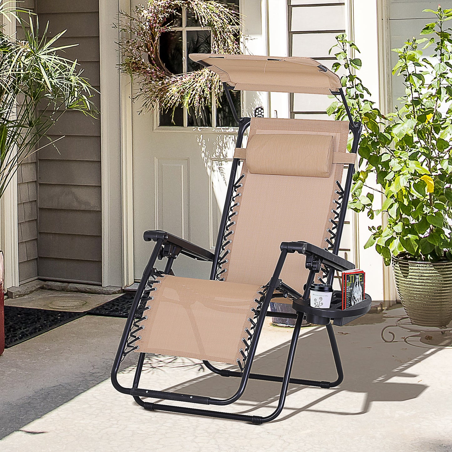 Outdoor Zero Gravity Reclining Lounger Chair with Canopy Shade, Side Tray, Cupholder, Beige - Cream White