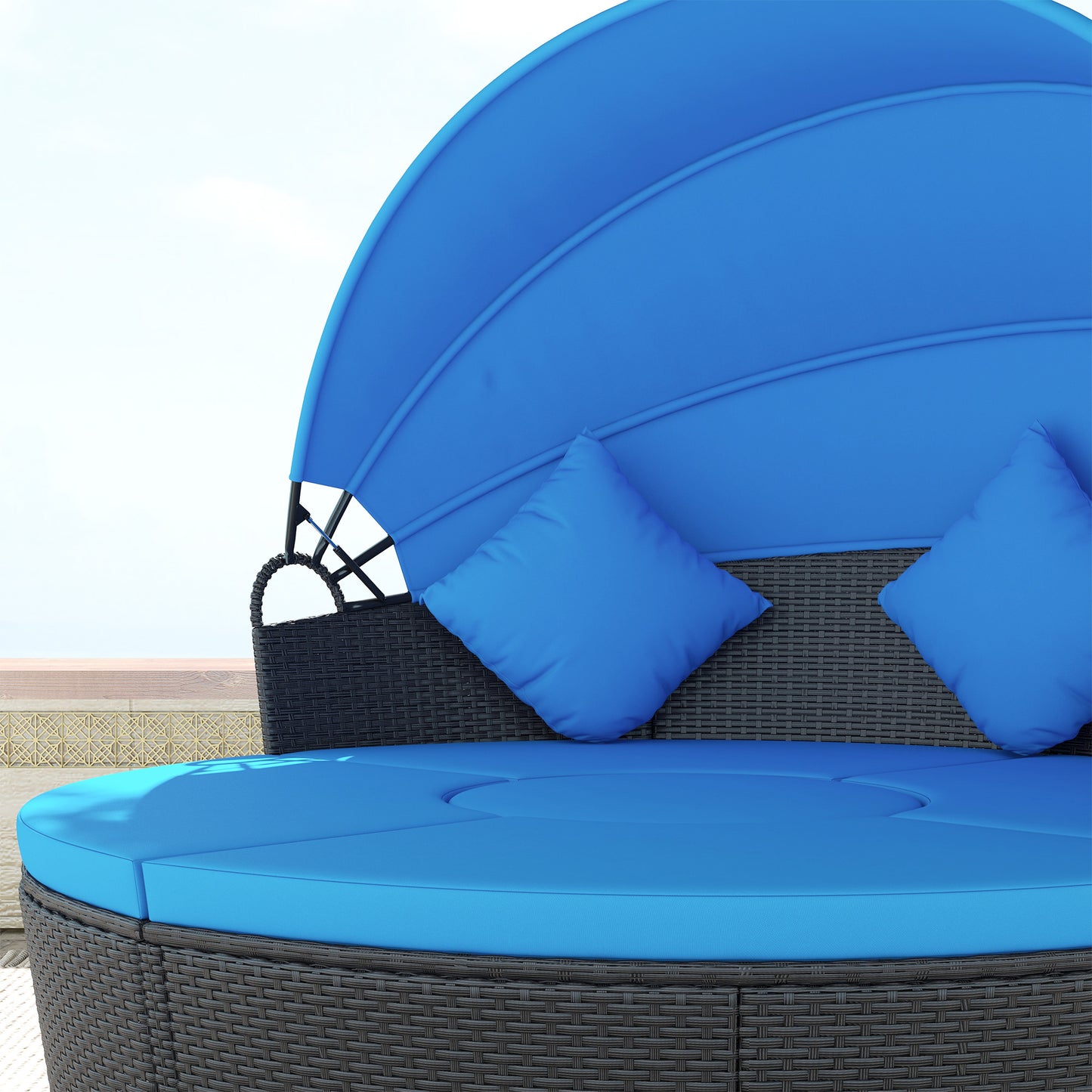 4 Pieces Outdoor Daybed with Retractable Canopy, Wicker Lounger Bed, Conversation Furniture Set, Dark Blue