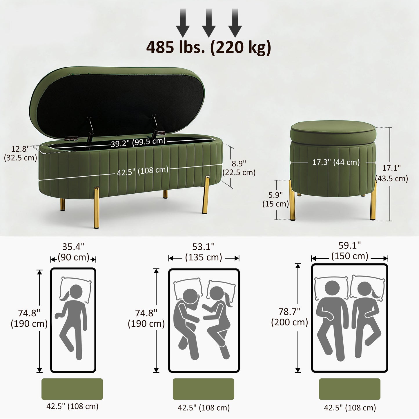 Upholstered Bedroom Bench, Channel Tufted Ottoman Bench with Thick Padding and Metal Legs, Dark Green