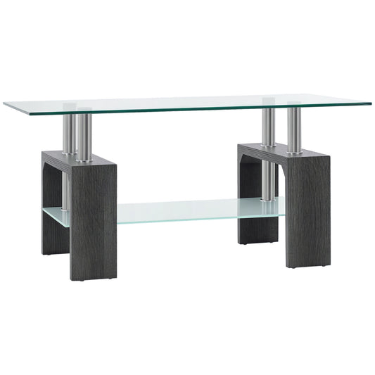2-Tier Glass Coffee Table with Storage - Grey