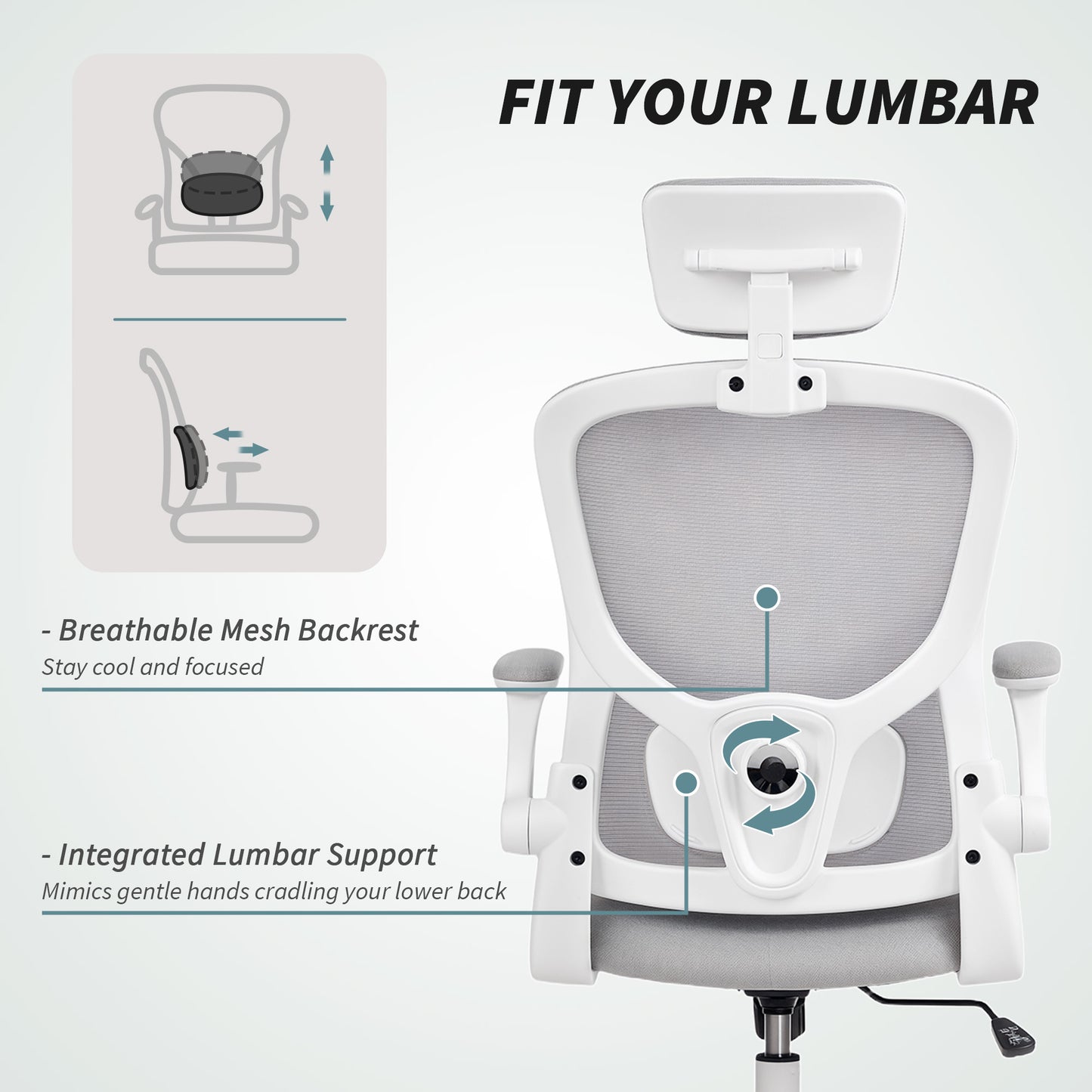 Ergonomic Office Chair, Mesh Desk Chair with Adjustable Headrest, Lumbar Support and Height, Flip-Up Armrests, Grey