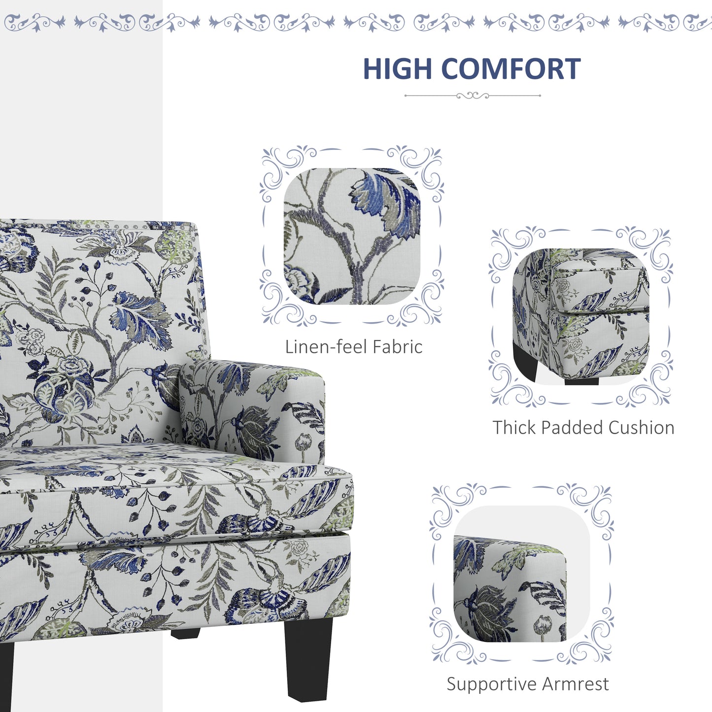 Upholstered Armchair, Mid-Century Accent Chair with Floral Pattern, Nailhead Trim for Living Room, Bedroom, Multicolour