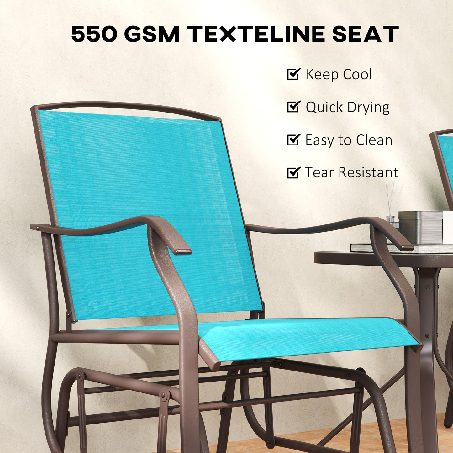 3 Piece Patio Glider Set Outdoor Gliders with Breathable Mesh Seat, Glass Top Table for Garden, Yard, Blue