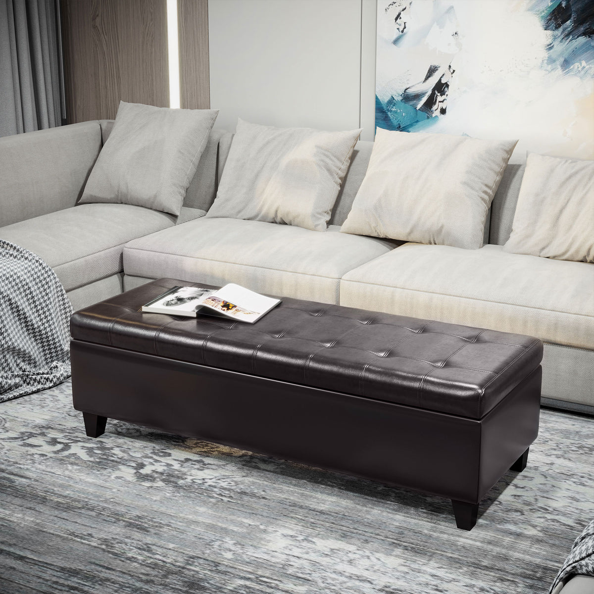 Storage Ottoman Bench, Foot Rest with Solid Wood Legs, 51 Inches PU Leather Storage Chest for Living Room, Brown