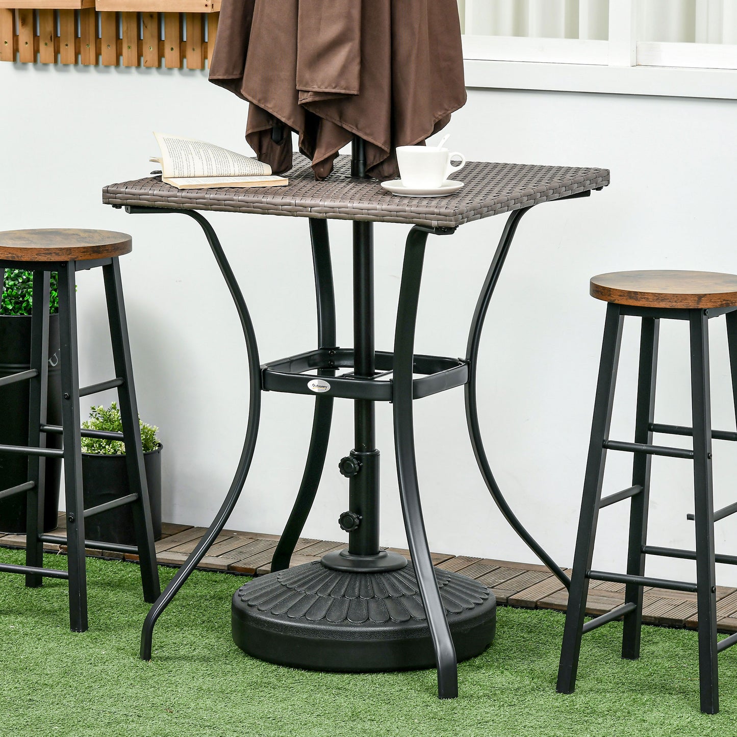 Patio Wicker Dining Table with Umbrella Hole, 34 Inch Outdoor PE Rattan Coffee Table with Plastic Board Under the Woven Table Top for Patio, Garden, Balcony, Mixed Brown