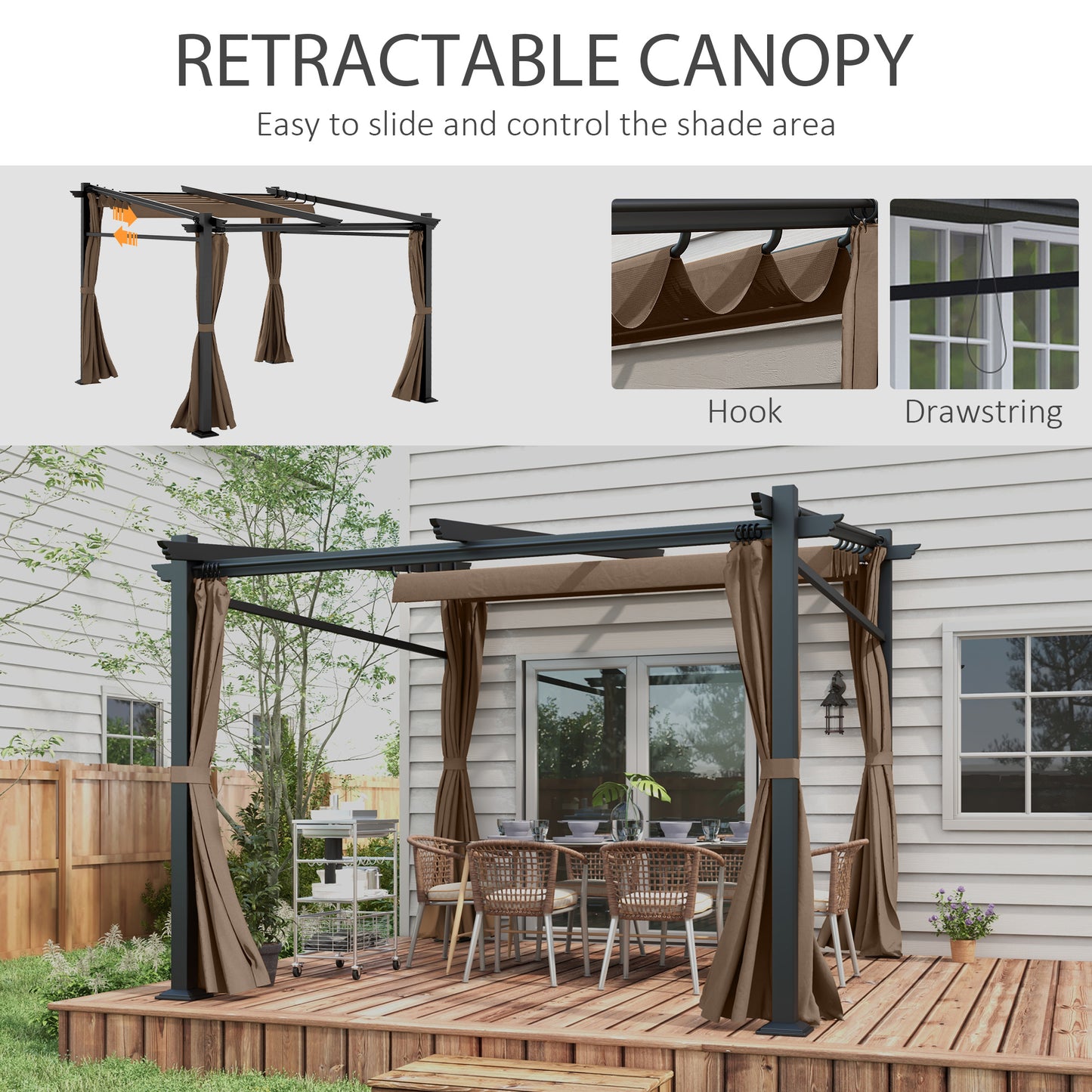 Metal Pergola with Sliding Roof Canopy, Retractable Pergola Canopy