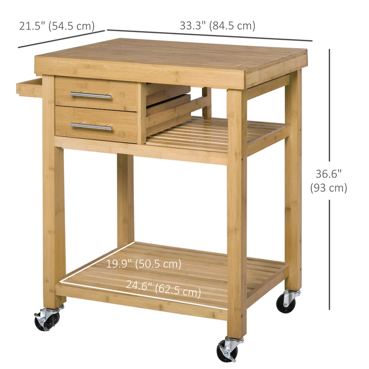 Bamboo Rolling Kitchen Island with Drawers and Shelves