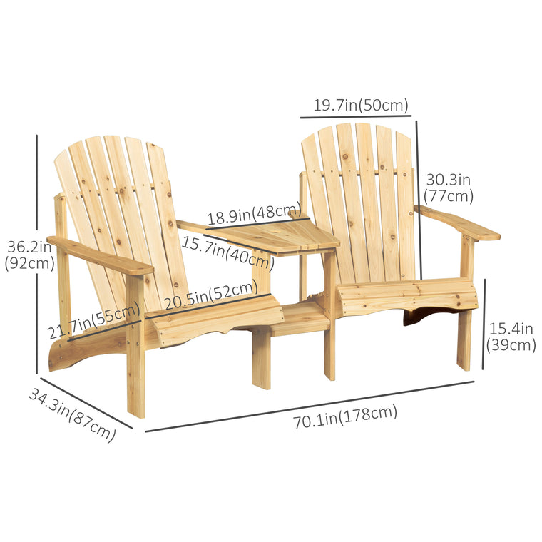 Natural Wood Adirondack Tete-a-Tete Bench with Table