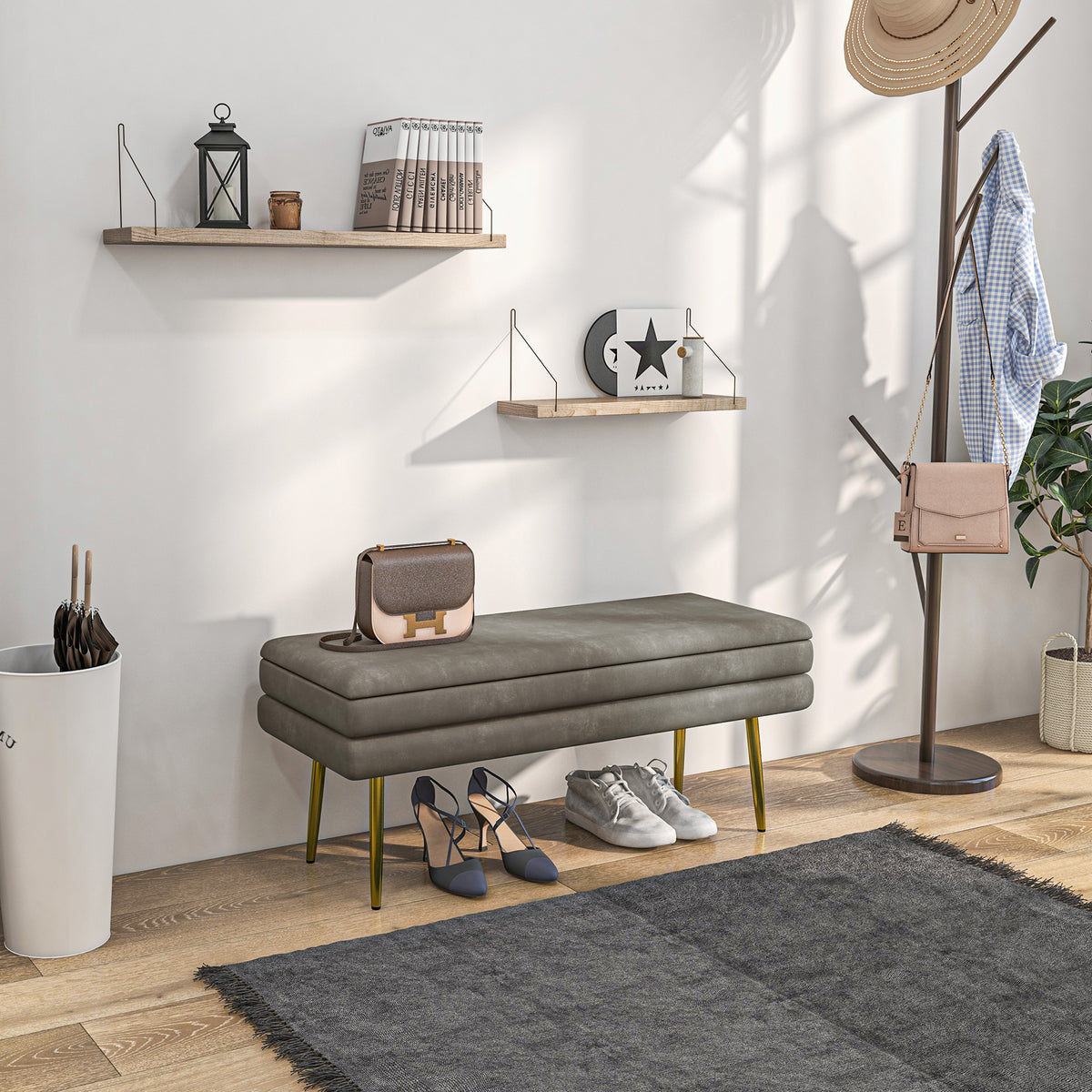 39" Storage Ottoman, Velvet End of Bed Bench with Steel Legs, Foot Stool with Storage for Bedroom, Living Room, Beige