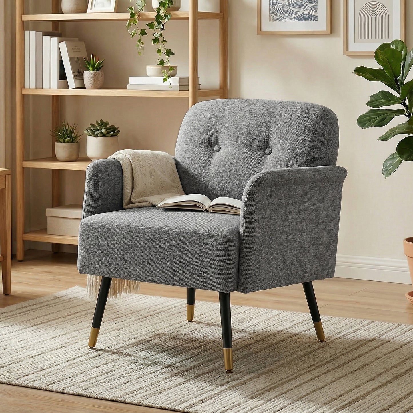 Accent Chair Modern Tufted with Metal Legs Upholstered Reading Armchair for Living Room Grey