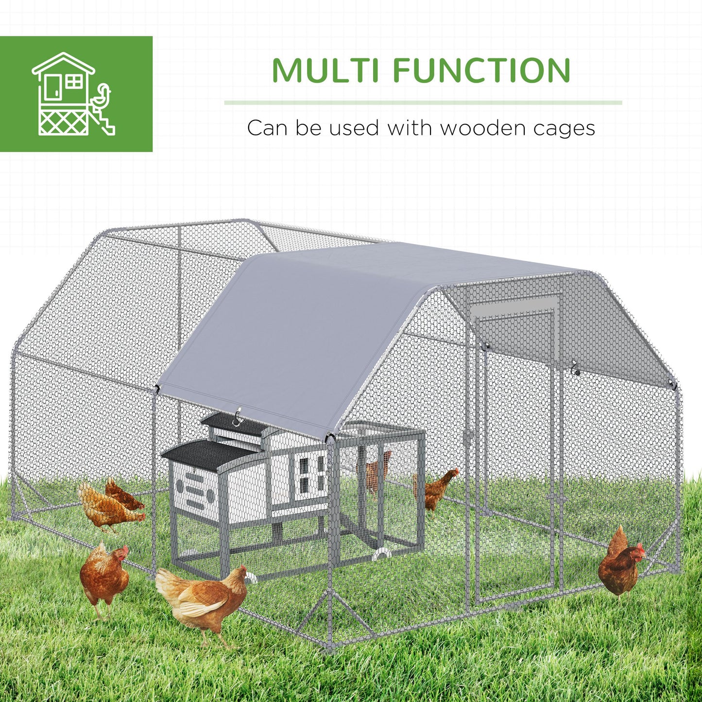Chicken Run Outdoor, Galvanized Large Metal Chicken Coop Cage, Walk-in Enclosure Poultry Hen Run House Playpen Rabbit Hutch with Flat Roof, Cover