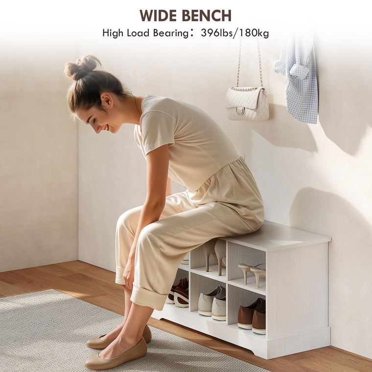 Entryway Shoe Bench with 8 Cubbies and Coat Rack - White