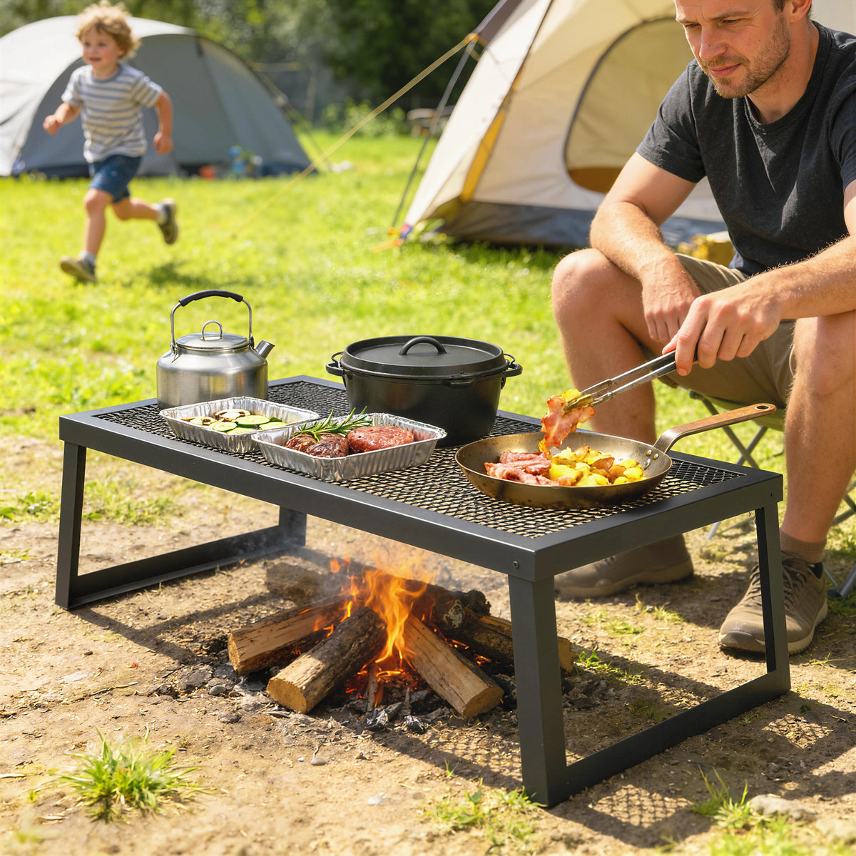 Folding Campfire Grill, 36" x 18" Heavy Duty Carbon Steel Grill Grate with Folding Legs, Black