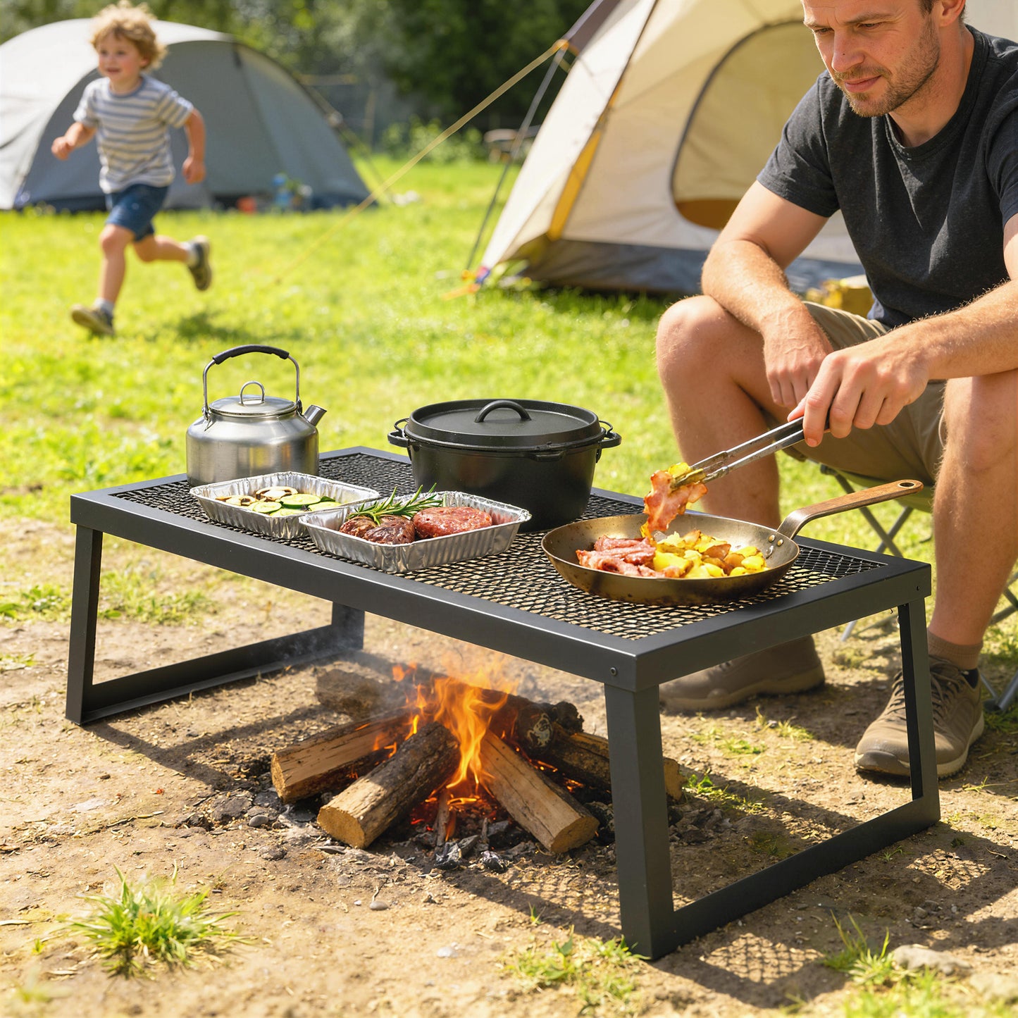 Folding Campfire Grill, 36" x 18" Heavy Duty Carbon Steel Grill Grate with Folding Legs, Black - 36" x 18"