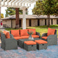 6 Pieces Patio Furniture with 2 Recliner Chairs, PE Wicker Sectional Furniture Conversation Set with a 3-Seat Sofa, 2 Footstools, Table, Cushions, Orange