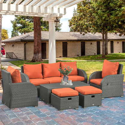 Orange 6-Piece Wicker Sectional Set with Recliners