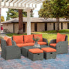 6 Pieces Patio Furniture with 2 Recliner Chairs, PE Wicker Sectional Furniture Conversation Set with a 3-Seat Sofa, 2 Footstools, Table, Cushions, Orange