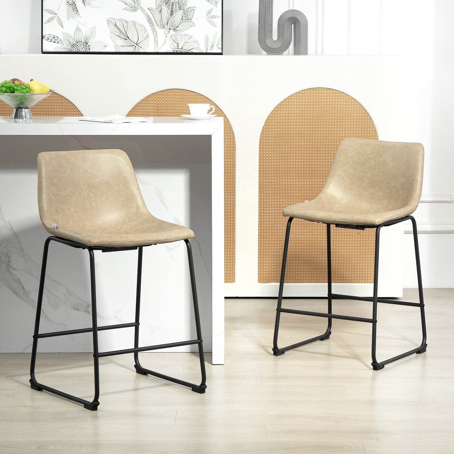 Counter Height Bar Stools Set of 2, Vintage PU Leather Bar Chairs, Kitchen Stool with Footrest, Beige