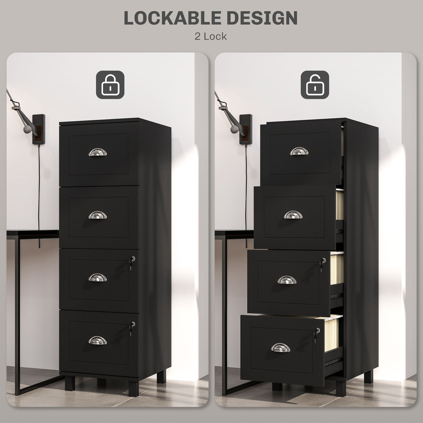 4 Drawer File Cabinet with Lock, Office Filing Cabinet, A4 Letter Size, Hanging File Folders, Black