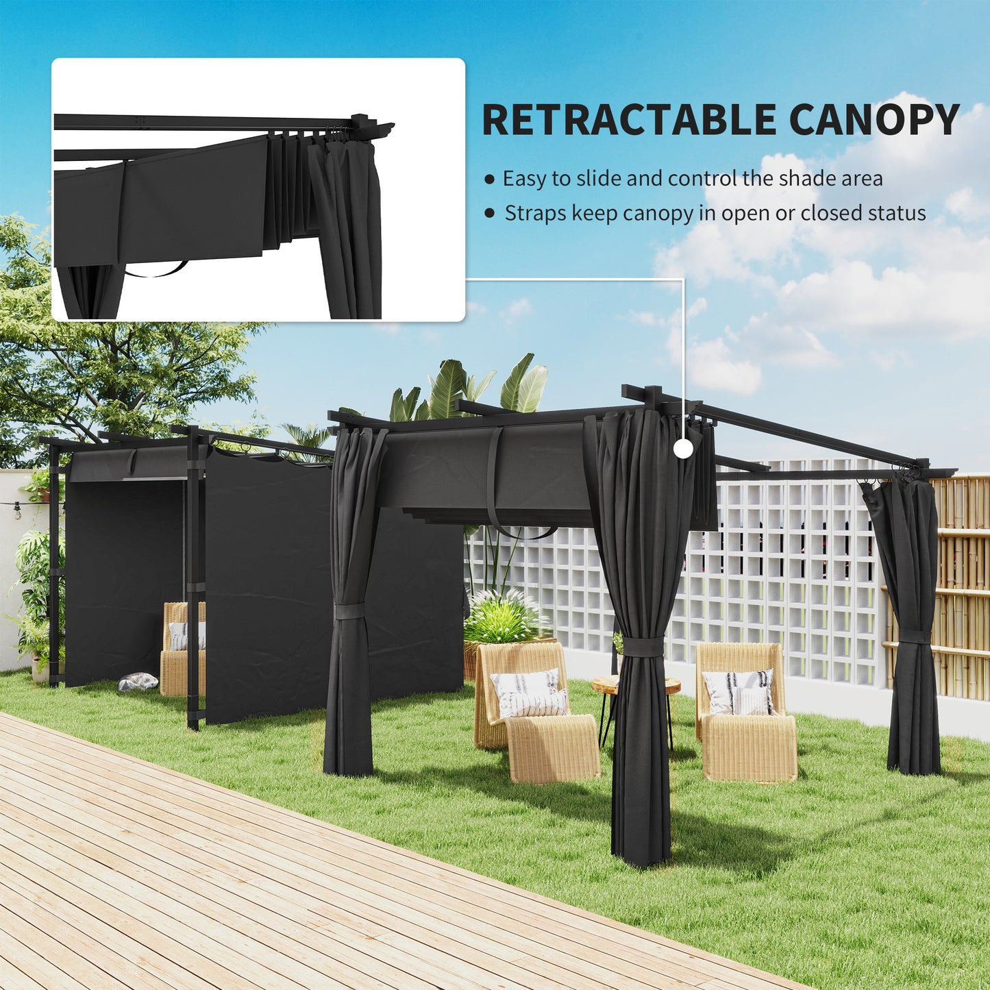 Metal Retractable Pergola Canopy with Sidewalls, Outdoor Gazebo UPF30+ Sun Shade Shelter for Garden, Deck