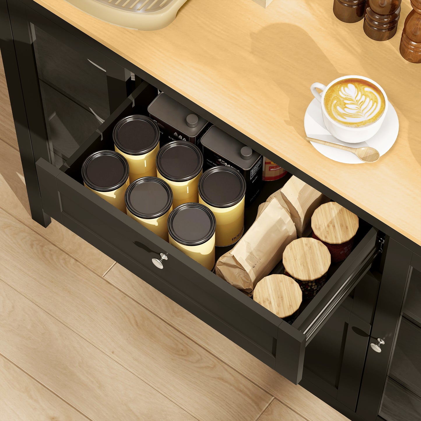 Buffet Cabinet Sideboard with 2 Drawers, 3 Storage Cabinets, Glass Doors and Adjustable Shelves, Dark Brown