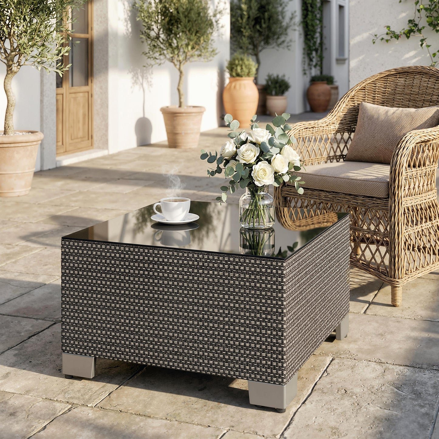 21.7" Square Patio Table, Small Outdoor Patio Coffee Side End Table with Tempered Glass Top, Black