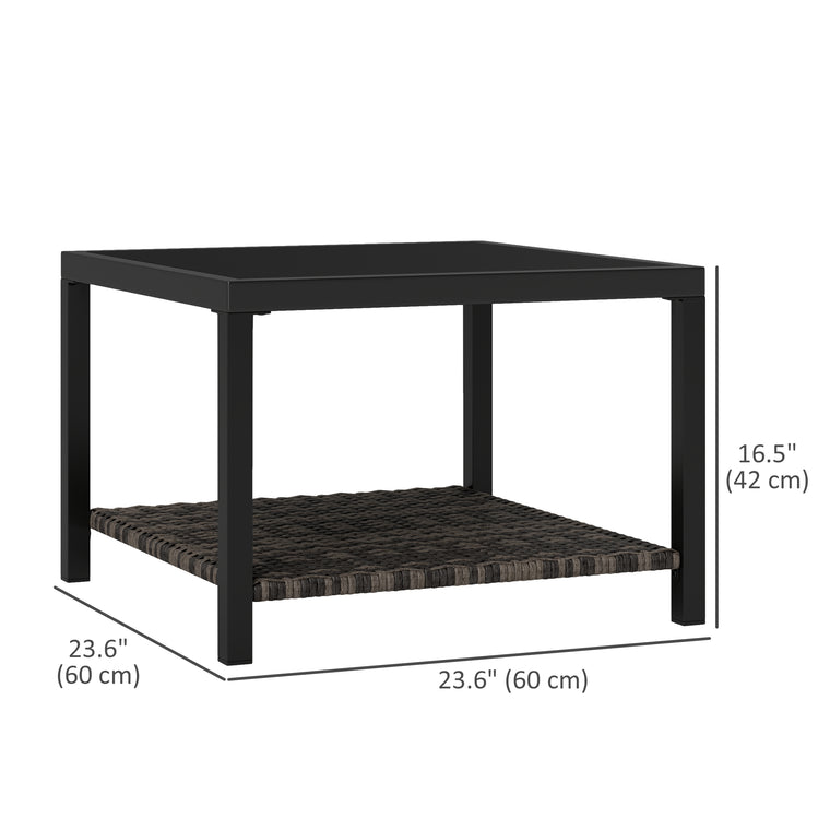 23.6" Rattan End Table with Glass Top and Storage Shelf