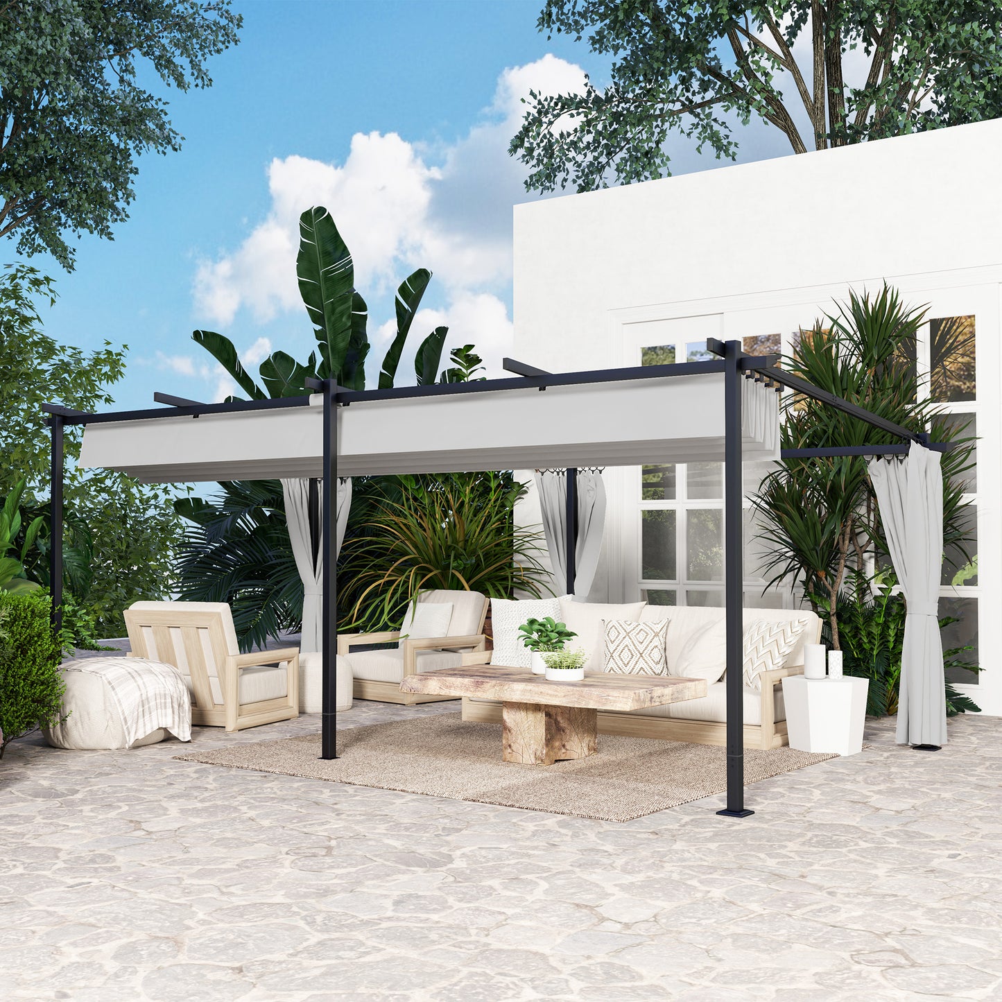 Metal Retractable Pergola Canopy with Sidewalls, Outdoor Gazebo UPF30+ Sun Shade Shelter for Garden, Deck