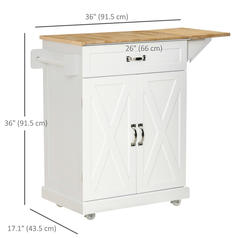 Foldable Rolling Kitchen Island with Drop-Leaf Top - White