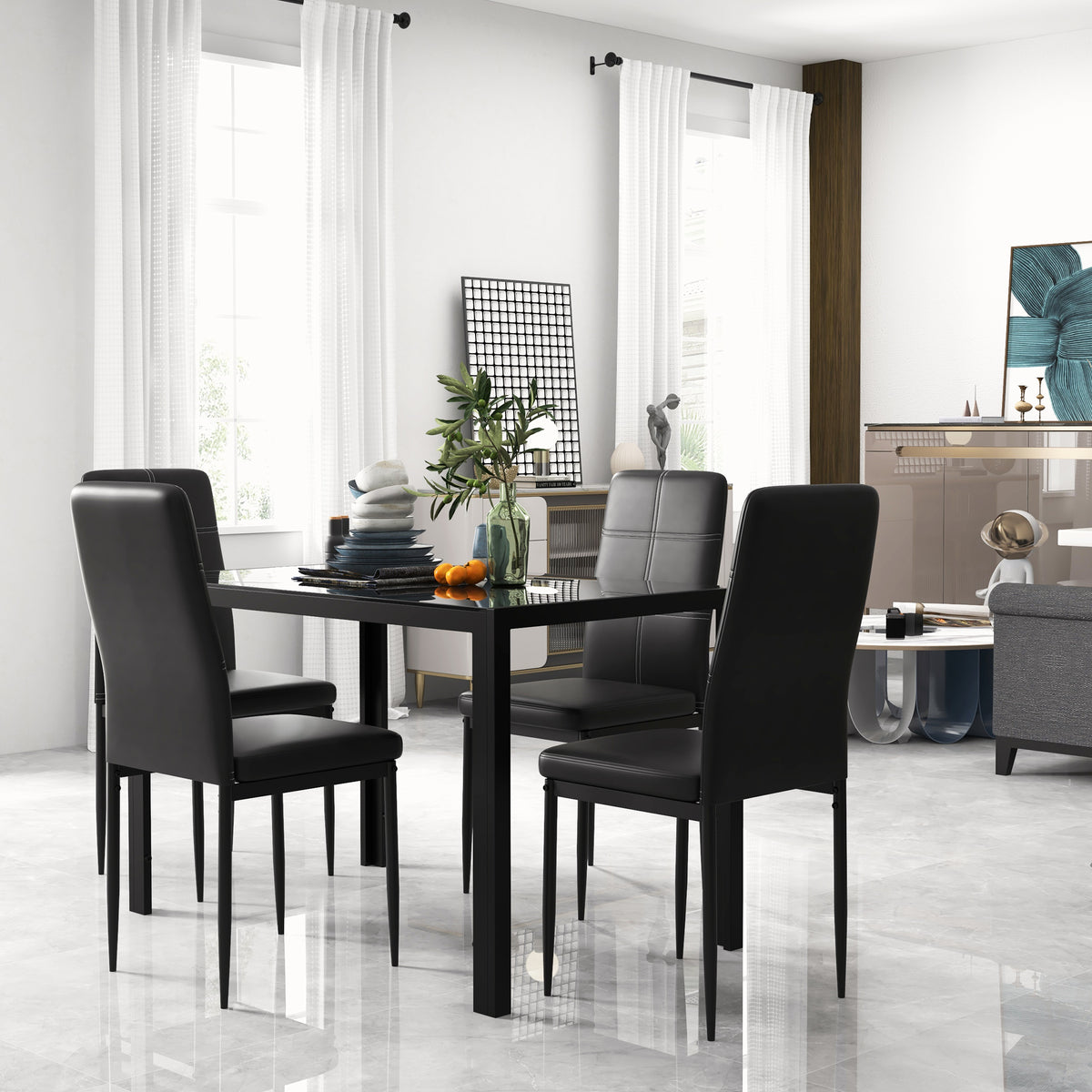 5-Piece Rectangular Glass Kitchen Table and Chairs with Metal Frame and Faux Leather Upholstery for Dining Room, Black