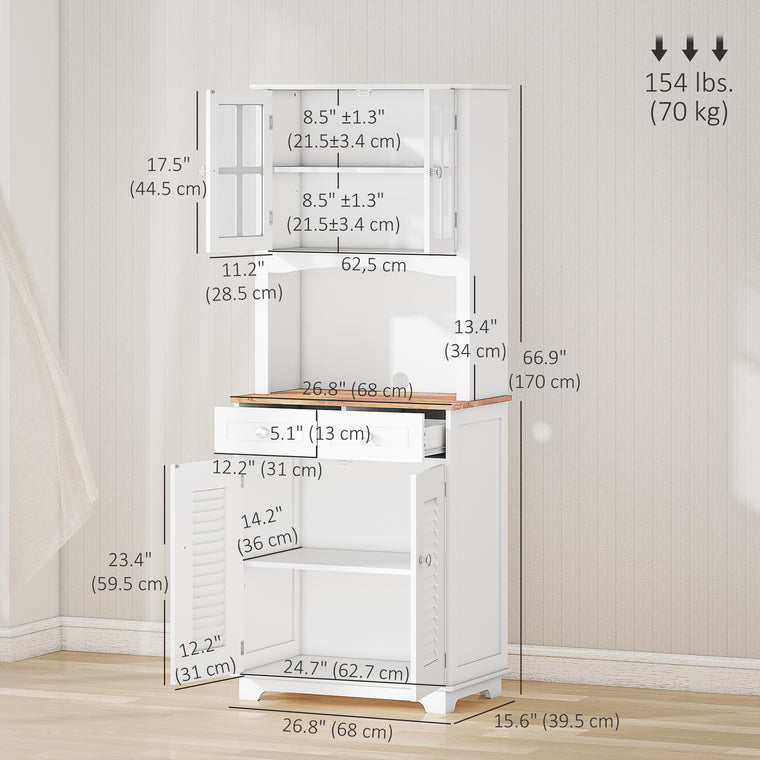 Coastal Kitchen Buffet with Hutch and Glass Doors - White
