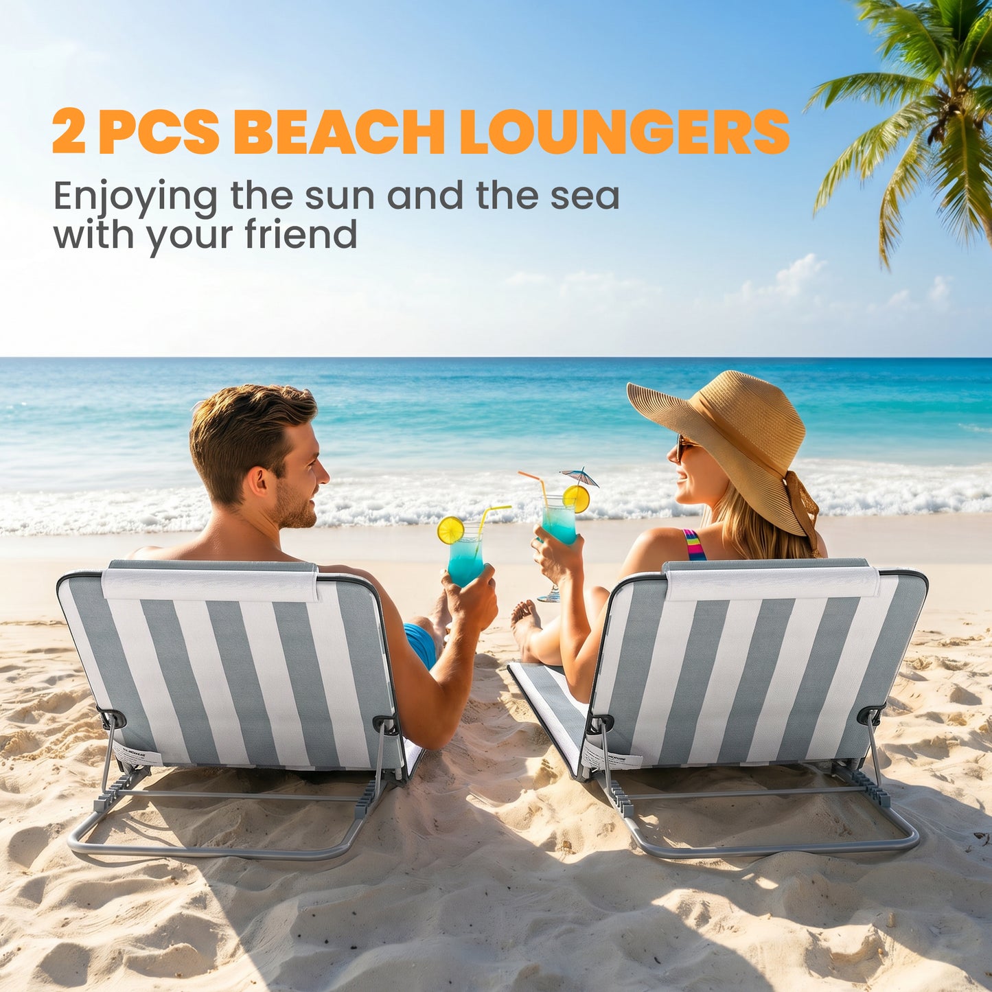 2 Pieces Beach Lounge Chair, Outdoor Folding Chaise Lounge Set w/ Pillow for Sunbath, Snap, Beige