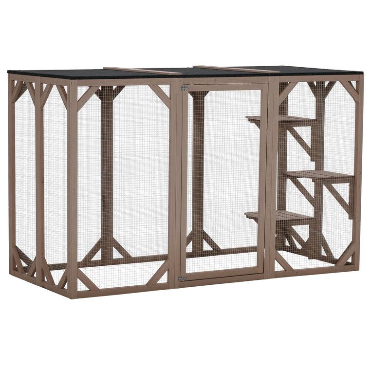 71" Brown Catio Outdoor Cat Enclosure with Multi-Level Platforms