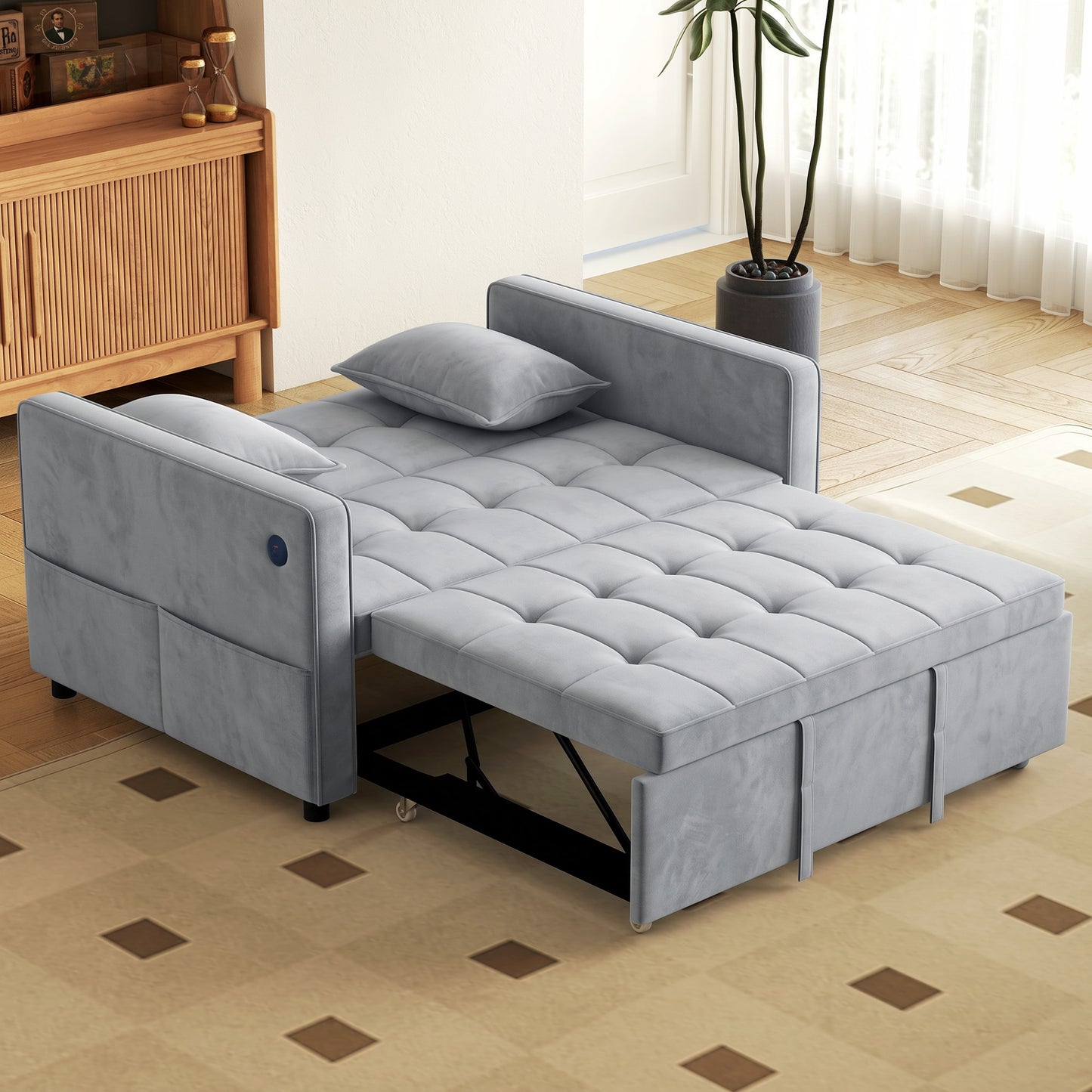 3-in-1 Convertible Sofa Bed, Pull-Out Sleeper Sofa with USB Charging, Adjustable Backrest and Side Pockets, Light Grey