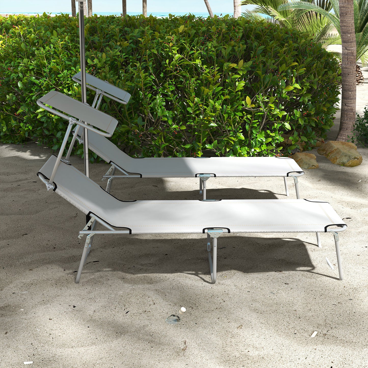2Pcs Outdoor Lounge Chair, Adjustable Folding Chaise Lounge with Sun Shade for Beach, Camping, Hiking, Light Grey